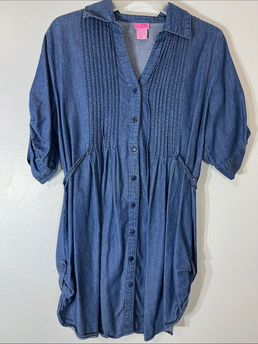 She's Cool Dark Blue Denim Pintuck Button-Front Tunic
